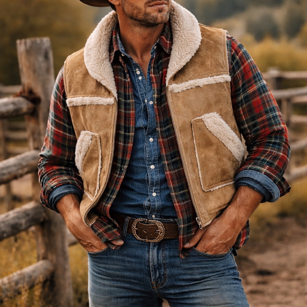 Vintage 70s Wiman Faux Suede Shearling Vest Large USA Union Made Cotton Western